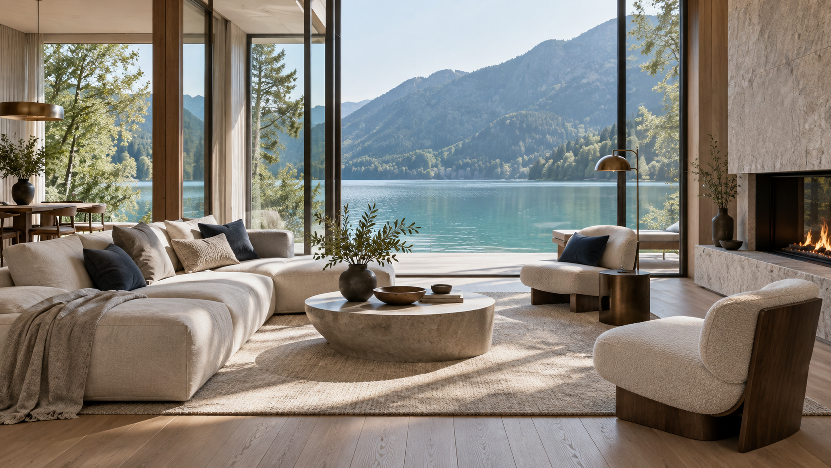 Eleganter Wohnsalon mit Naturstein, großen Fenstern und freiem Seeblick